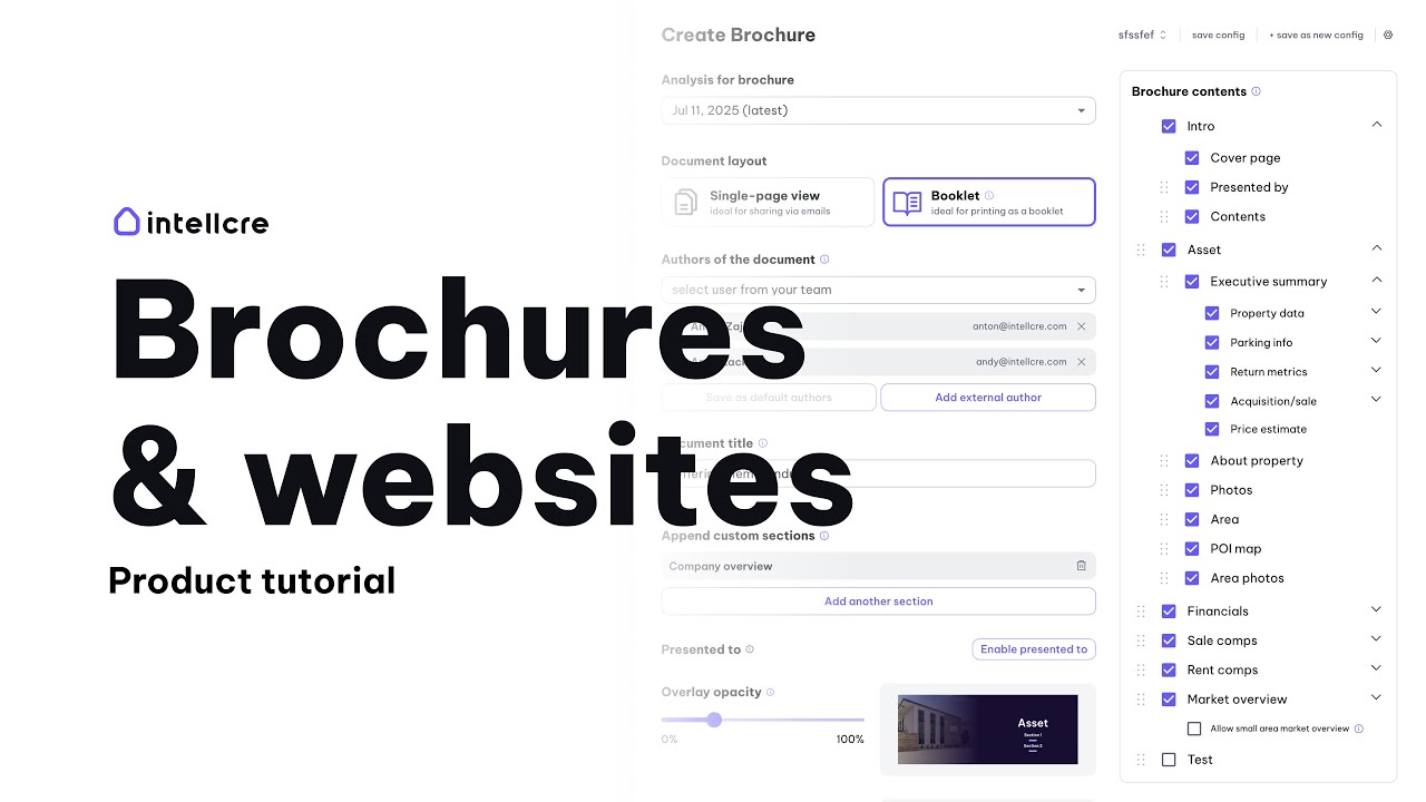 Tutorial showing how to create property brochures and property websites in the IntellCRE platform