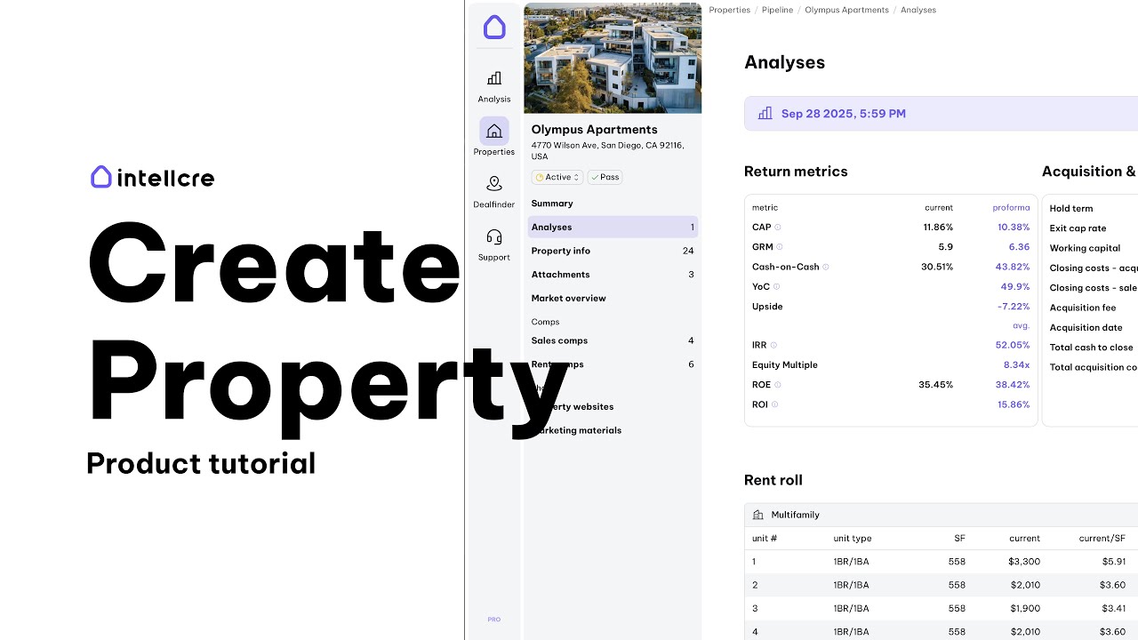 Tutorial showing how to create a property with an analysis using the IntellCRE platform