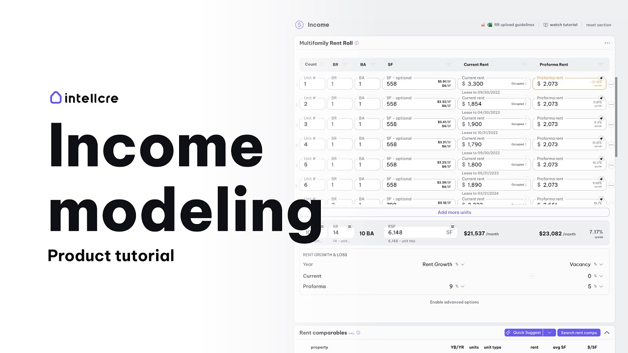 IntellCRE income section tutorial for real estate underwriting