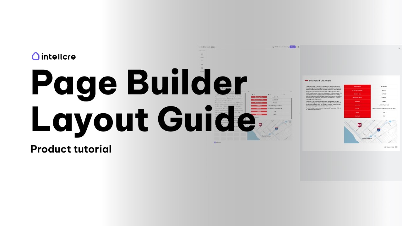 IntellCRE custom page builder guide showing layout spacing between tables text and images