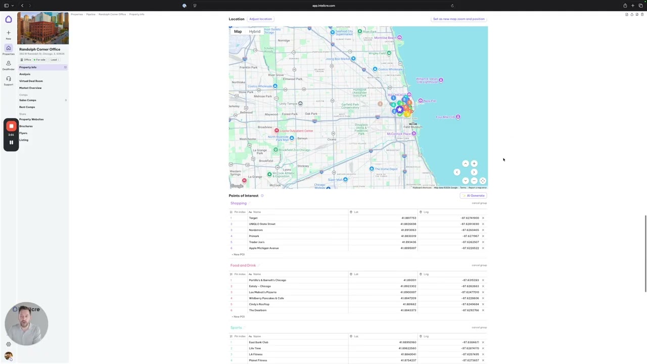 IntellCRE map customization showing editable points of interest and zoom controls for property brochures