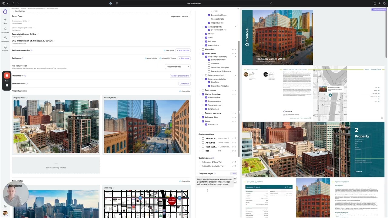 IntellCRE template pages feature showing reusable custom page layouts across multiple deals