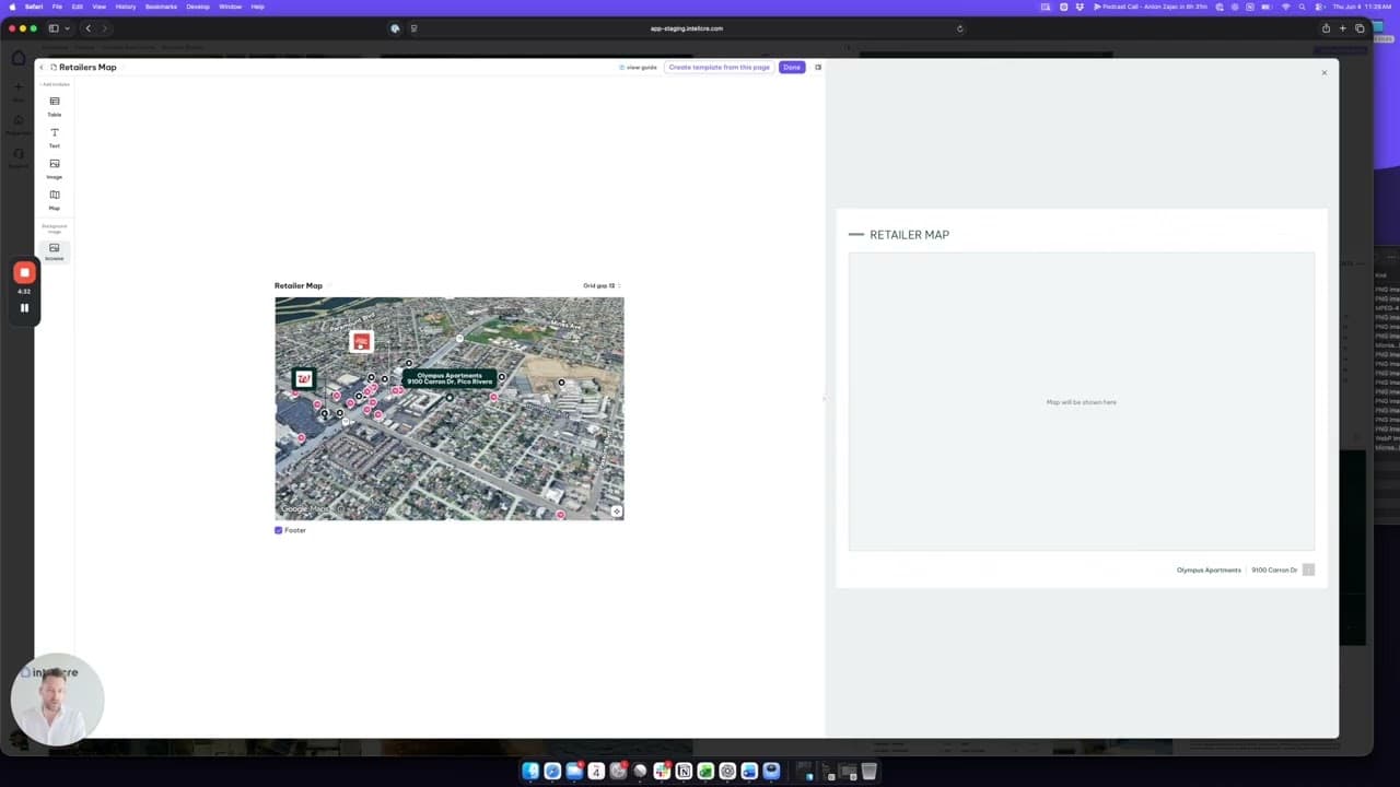 IntellCRE Page Builder displaying a customizable retailer map with branded retailer logos, 3D map controls, and editable property location pins for commercial real estate marketing.