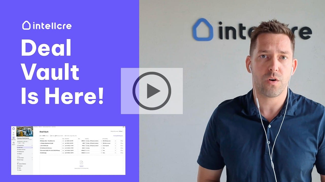IntellCRE Deal Vault interface showing secure document sharing, NDA workflows, document permissions, buyer engagement analytics, and online deal room management for commercial real estate listings.