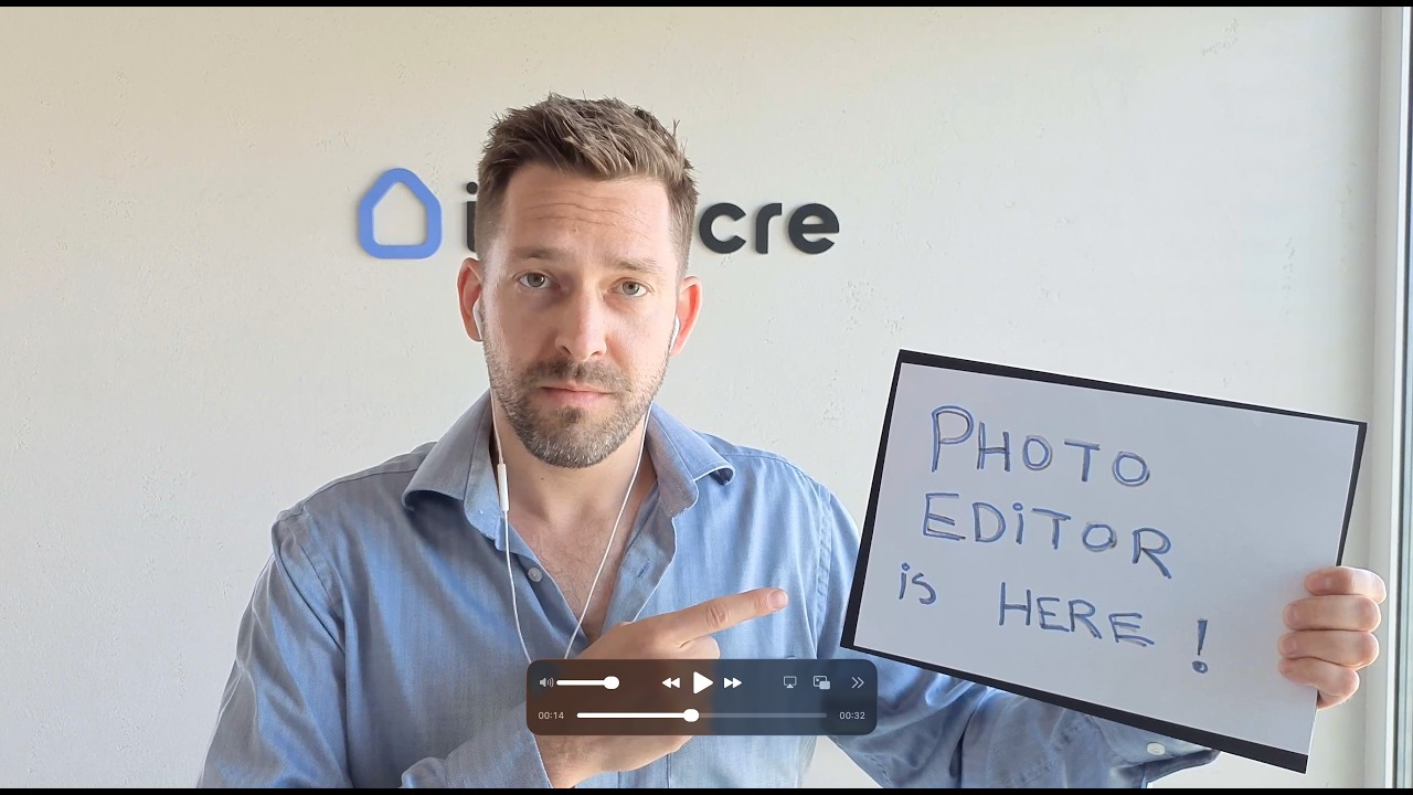 IntellCRE Photo Editor Version 1 showing the new photo library, image editing tools, AI enhancements, and property outline features for commercial real estate marketing.