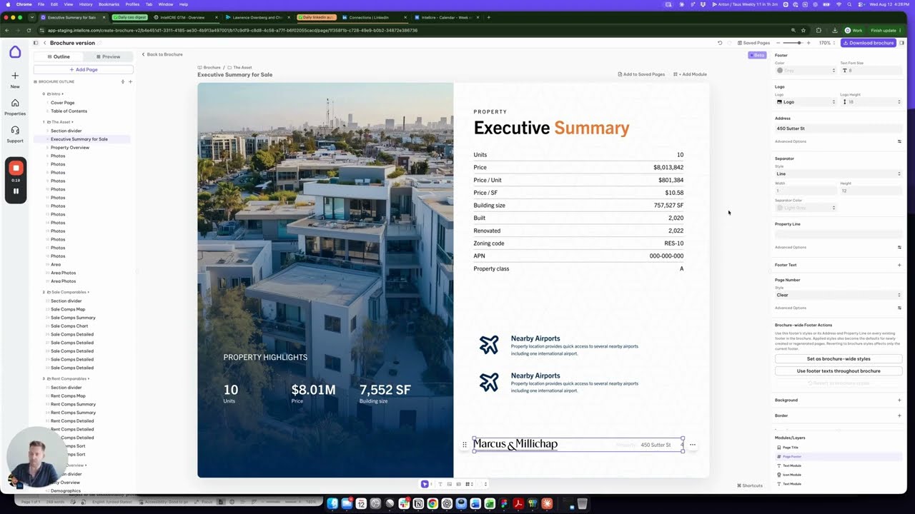 IntellCRE page title and footer modules in the brochure builder