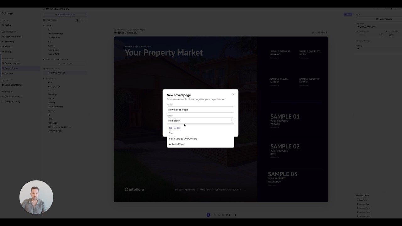 IntellCRE saved pages and document outlines for reusable brochure marketing assets